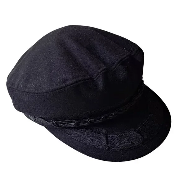 Black Greek Fisherman Cap 85% Wool 15% Nylon Fiddler Biker Sailor Sz Mens 7 1/8 - Picture 1 of 8